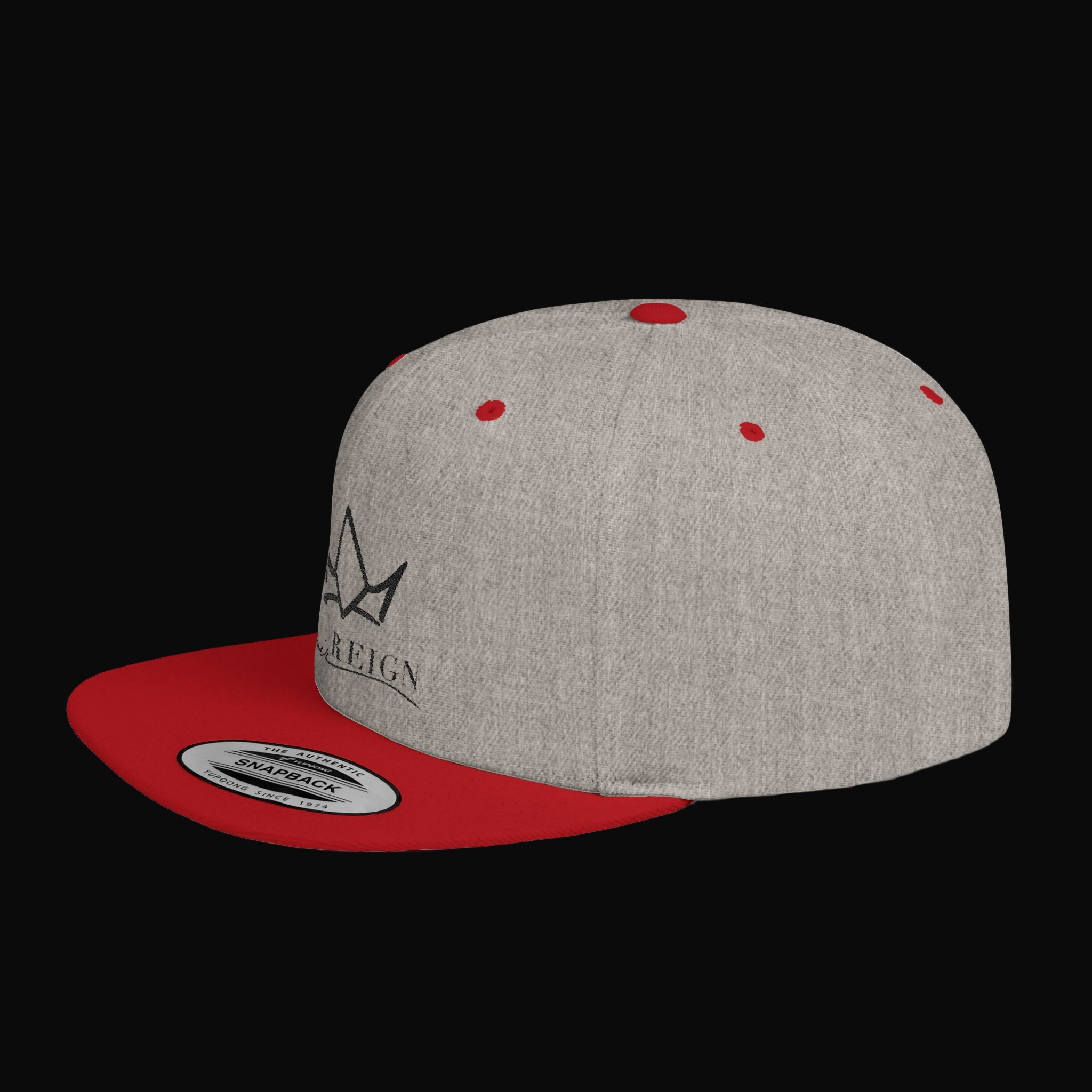 Gray and red cap with a logo on a white background